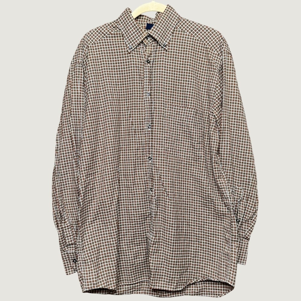 Italian Como Sport Mens Medium Plaid Button Down Shirt Brown Check 100% Cotton